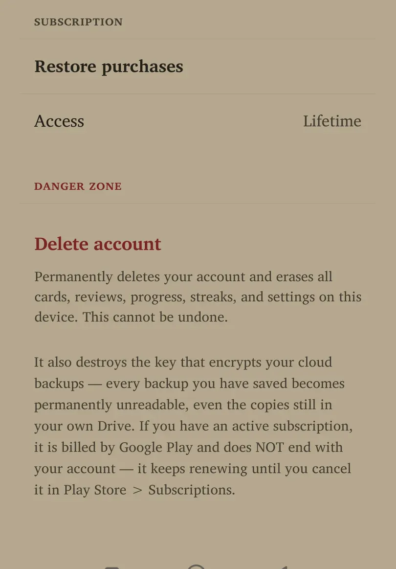 Account subscription and danger-zone controls without personal identity information