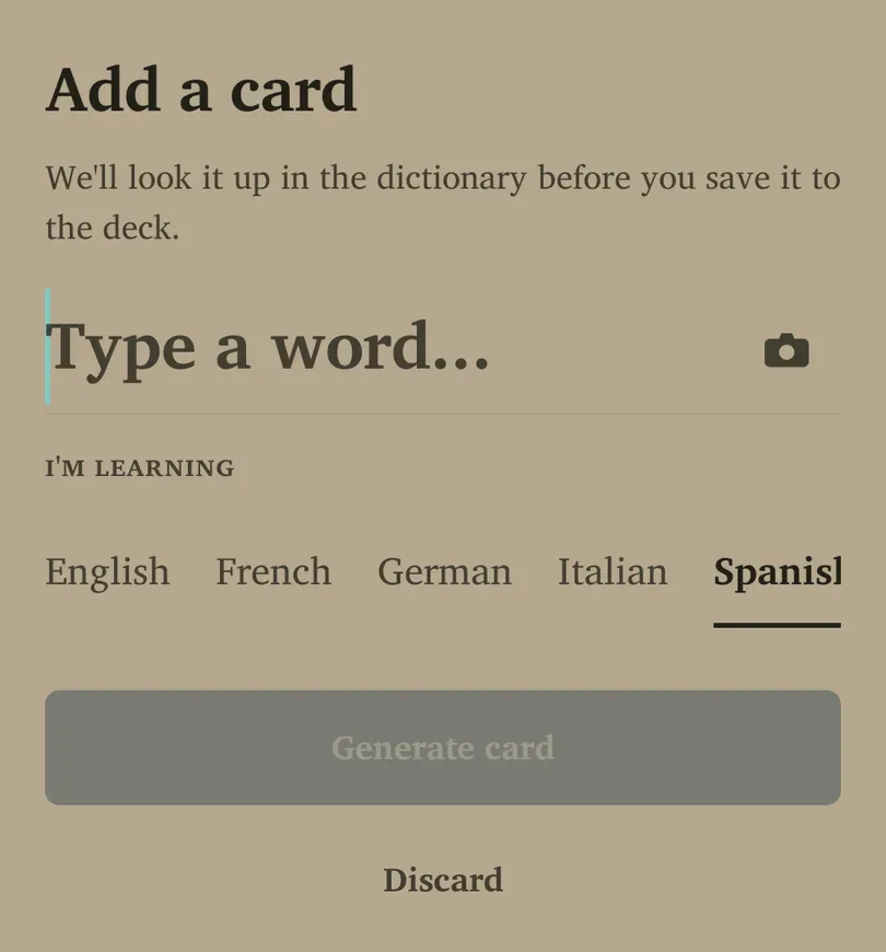 The Add card screen with a word input and language choices