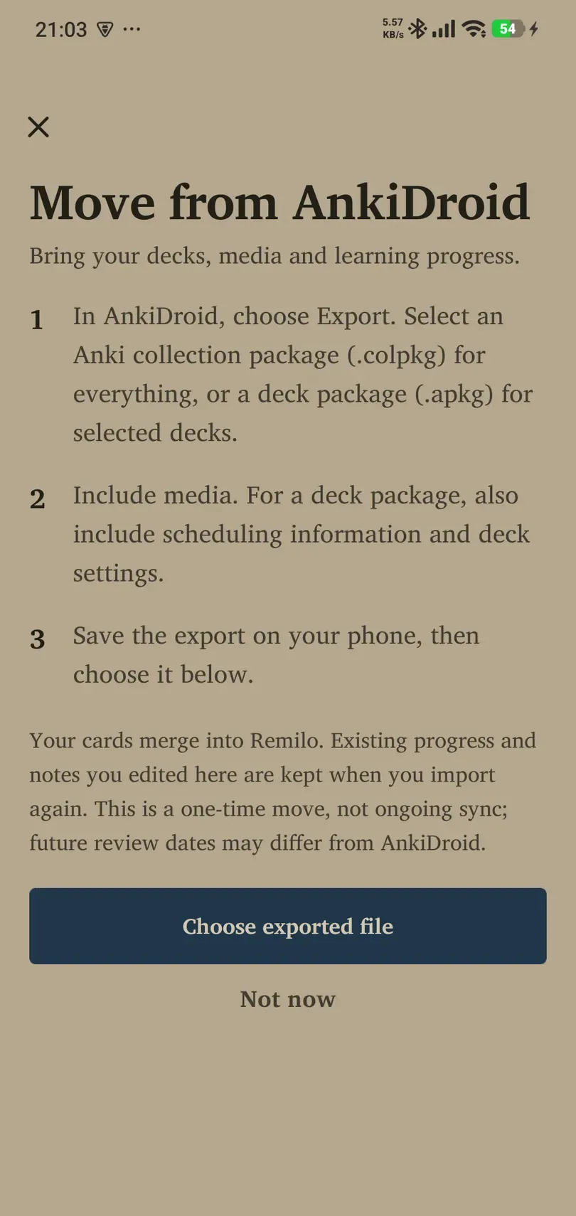 Move from AnkiDroid instructions and Choose exported file button