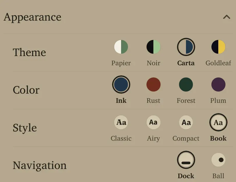 Appearance settings showing Theme, Color, Style and Navigation choices