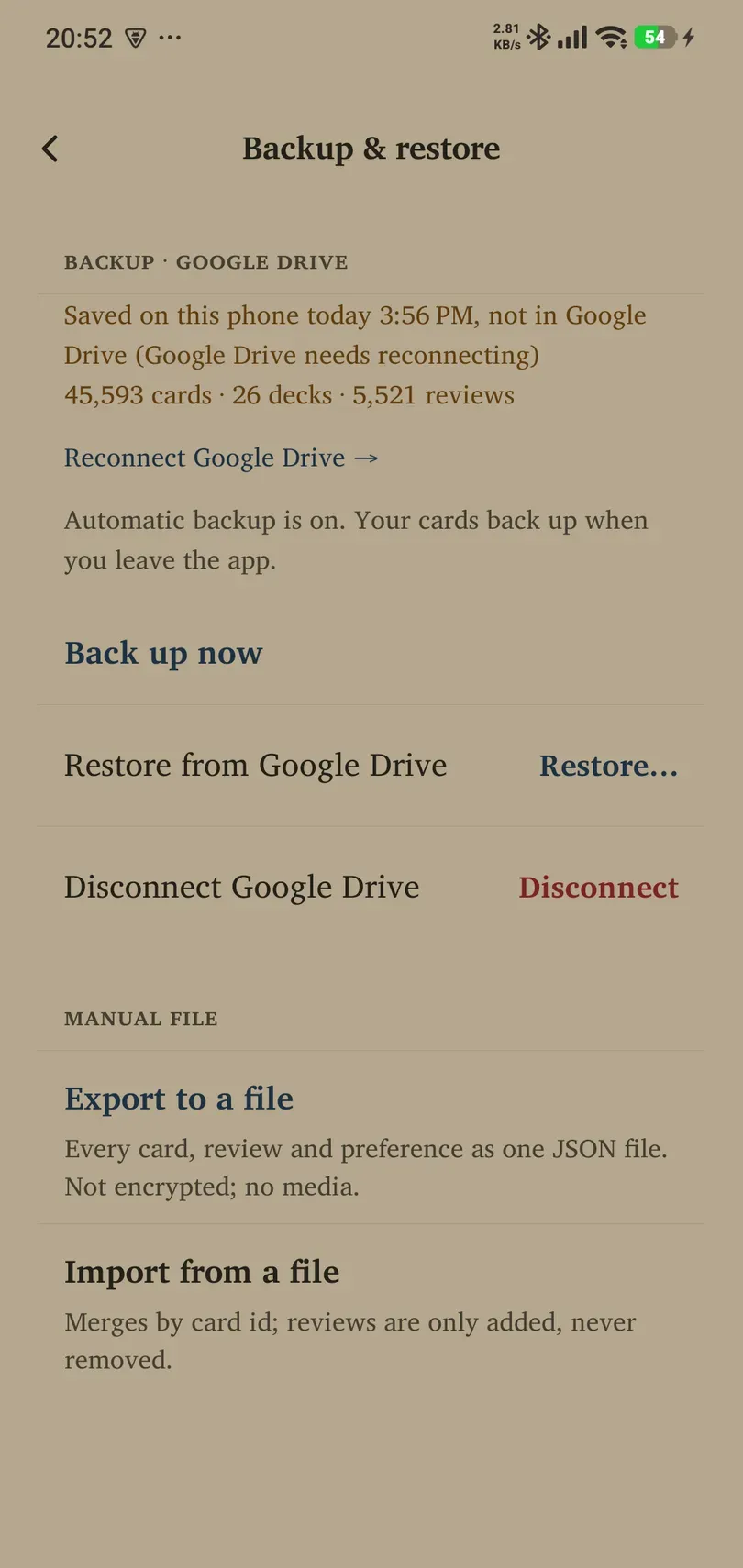 Backup status distinguishing a local saved copy from Google Drive upload