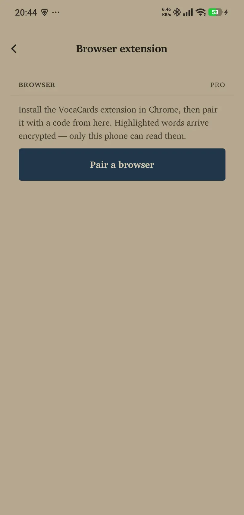 Browser extension settings explaining pairing with a Chrome extension