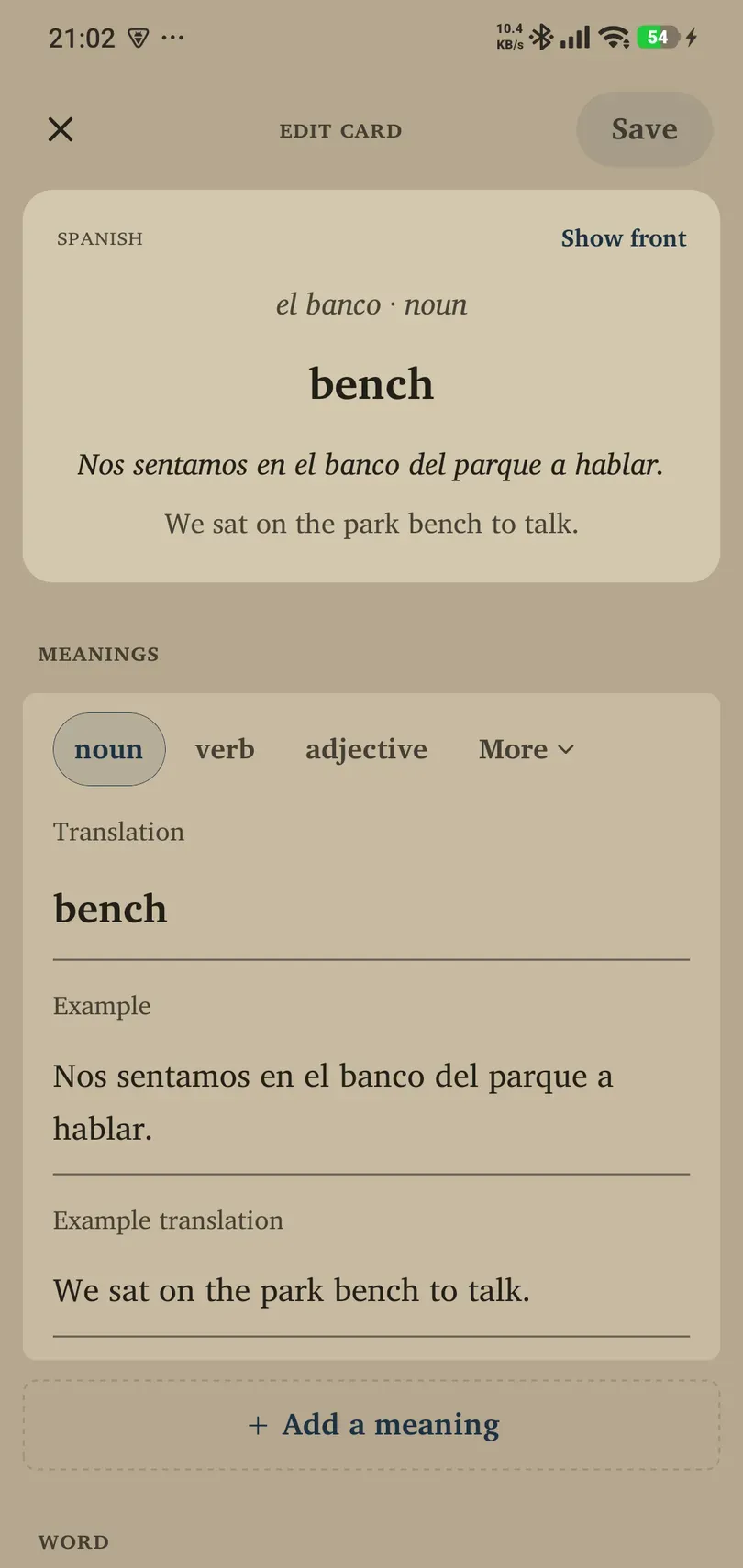 Vocabulary card editor with fields for the word, meaning and example
