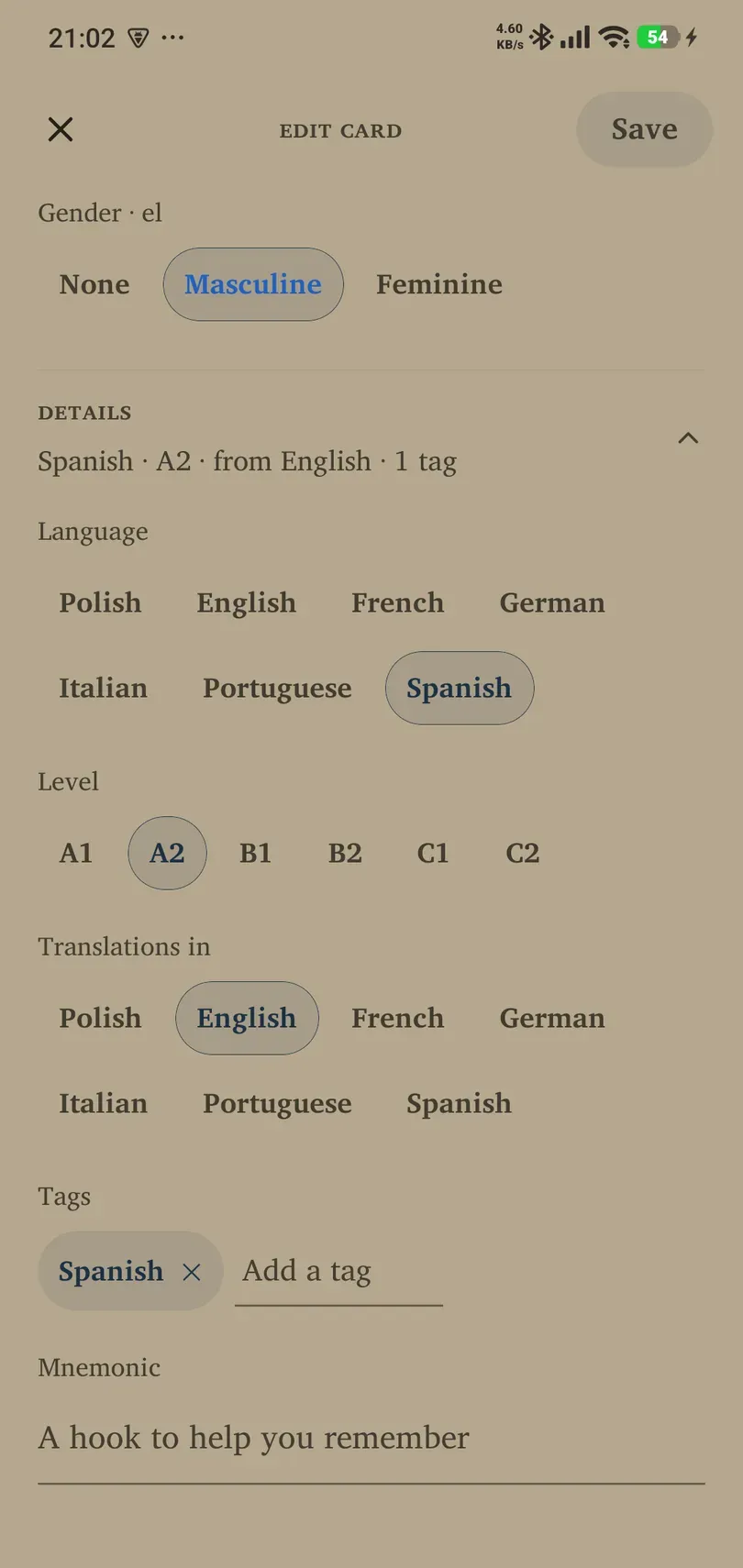 Expanded card details with language, level, meaning language, tags and mnemonic
