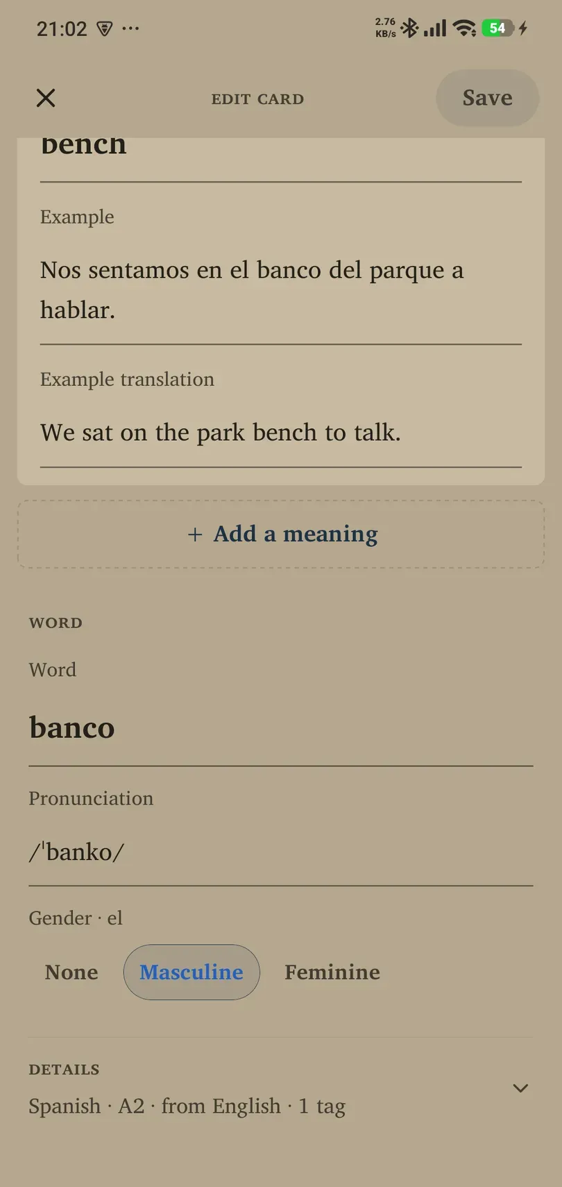 Word section of the editor with pronunciation and gender choices