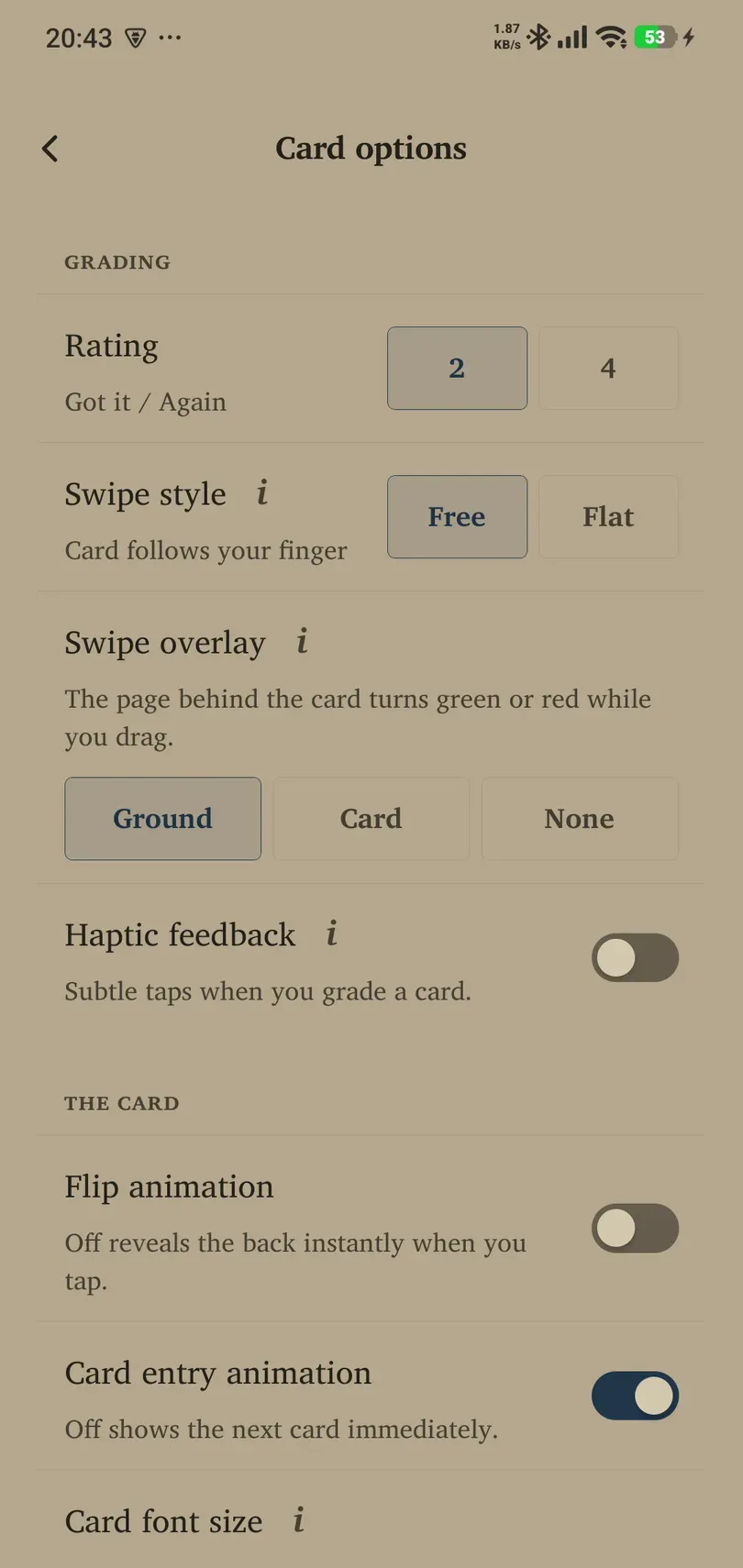 Card options grading controls for Rating, Swipe style, Swipe overlay and Haptic feedback