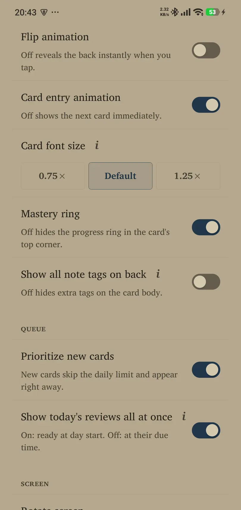Card options for text size, mastery ring, note tags, queue behaviour and rotation