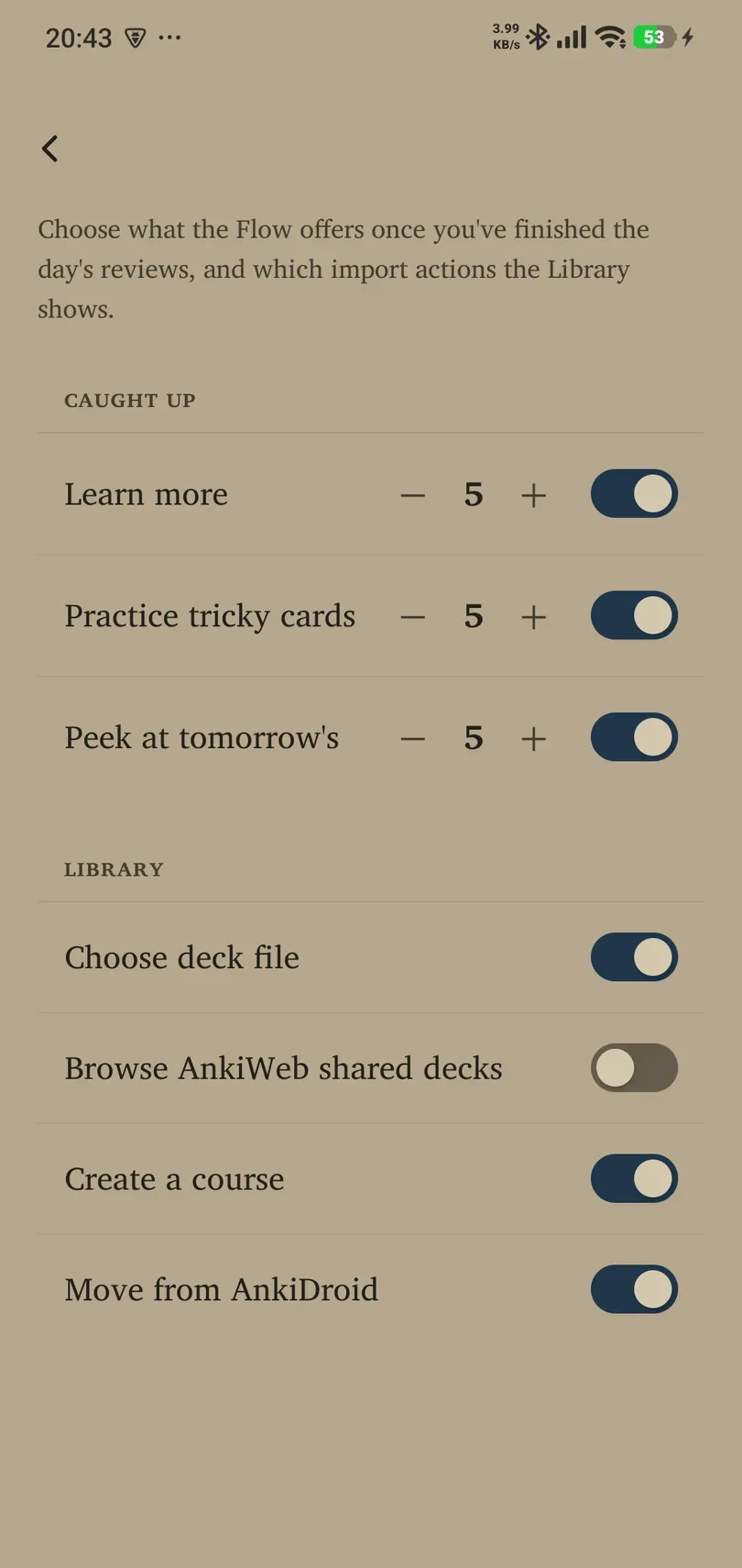 Caught-up and Library controls for restoring hidden shortcut options