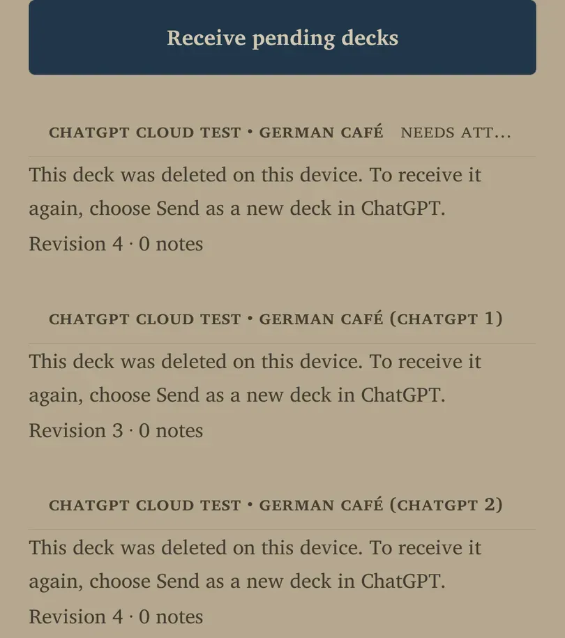 ChatGPT decks controls for receiving pending decks and managing delivered content