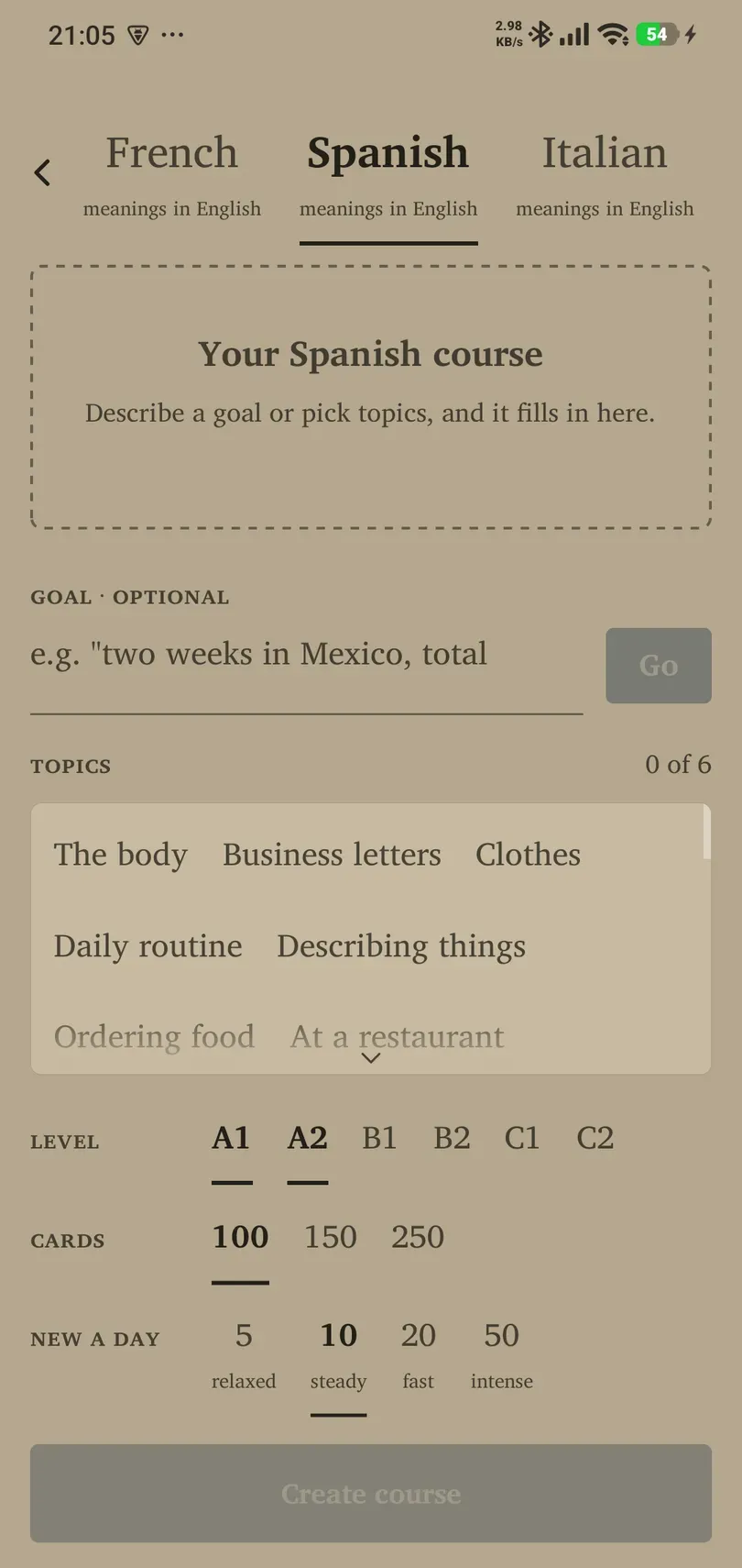 Course Creator with language, topics, card count and daily intake controls