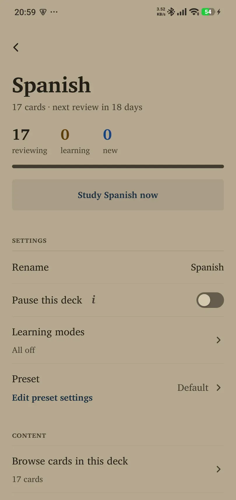 A Spanish deck overview with card counts and a study action