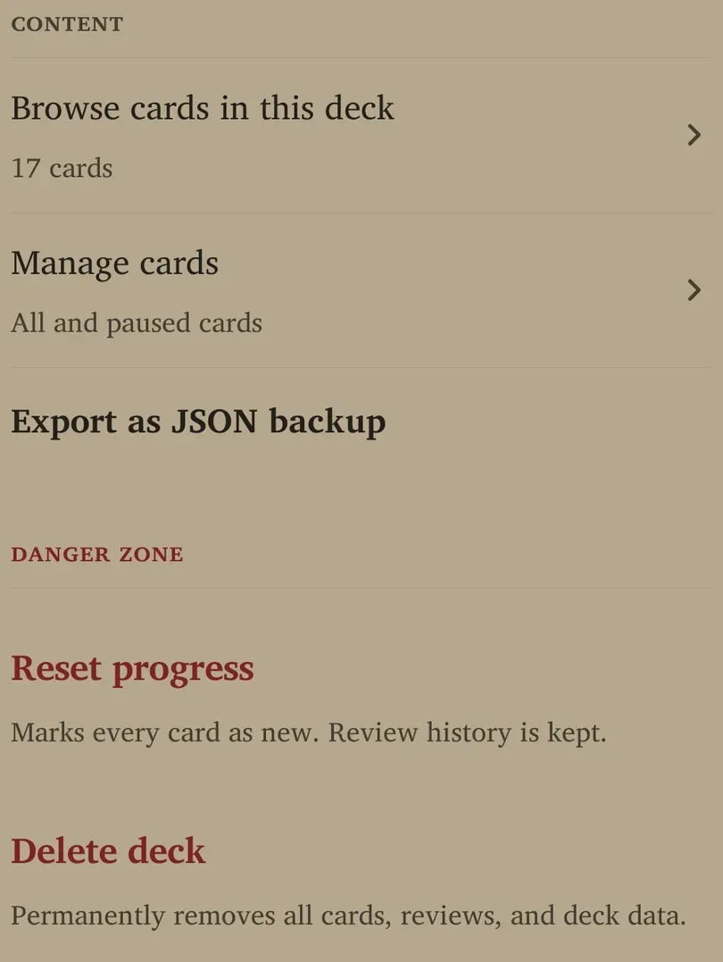 Deck content controls for browsing, managing and exporting cards