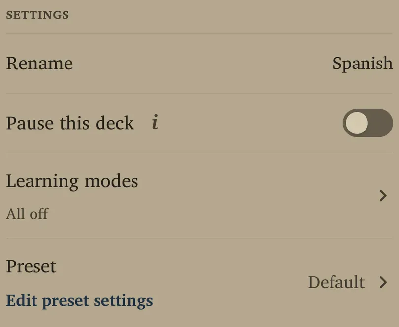 Deck settings with Rename, Pause this deck, Learning modes and Preset