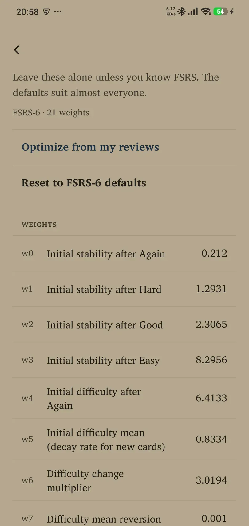FSRS parameter editor for an advanced scheduling preset
