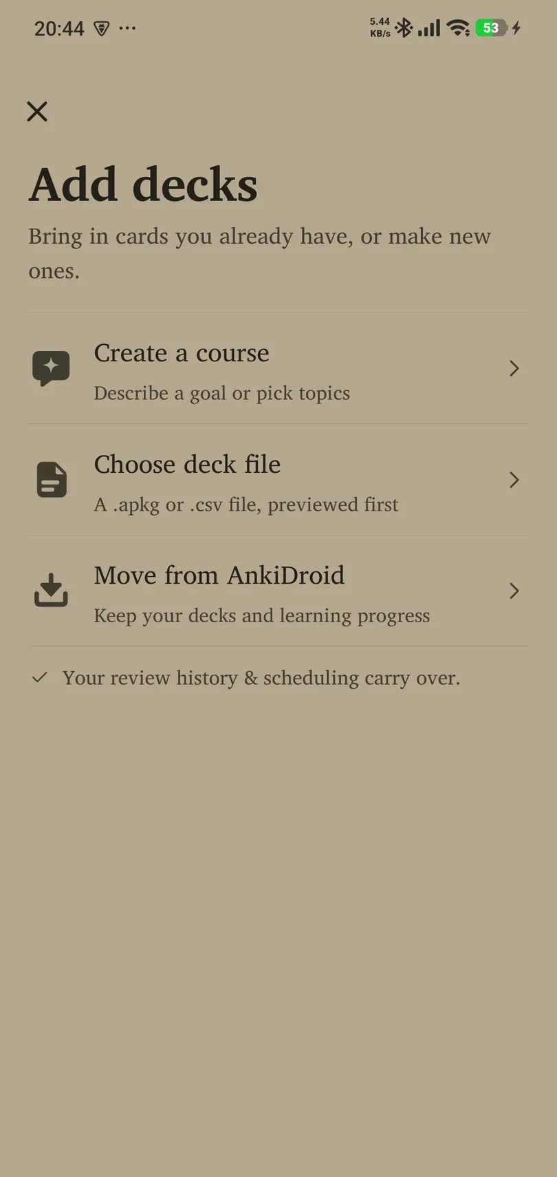Add decks screen with Create a course, AnkiWeb, file import and AnkiDroid migration