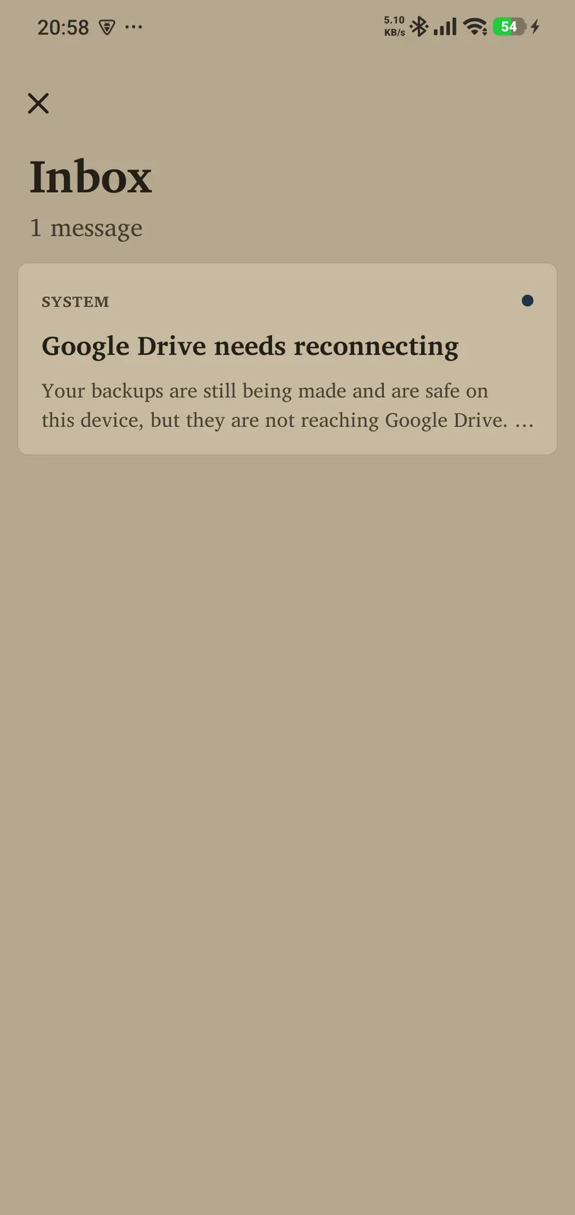 Inbox showing a system message about a Google Drive connection