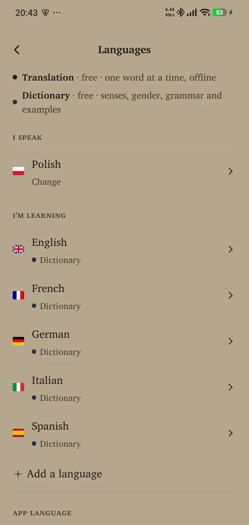 Languages settings with I speak, I'm learning and Add a language