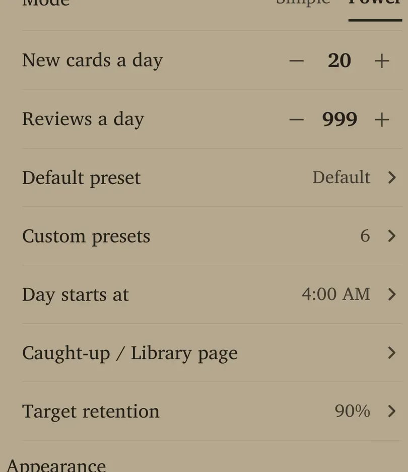 Expanded Learning settings with Power mode, daily limits, presets and retention