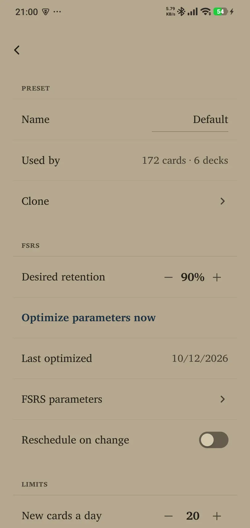 Preset editor with retention, optimisation and rescheduling settings