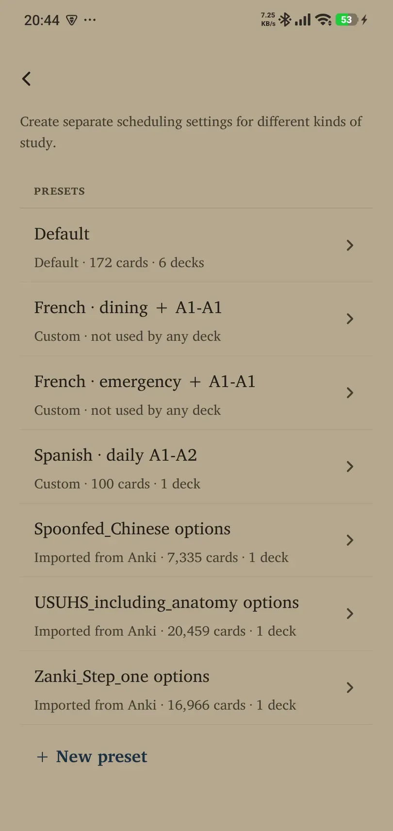 Custom presets list with existing scheduling groups
