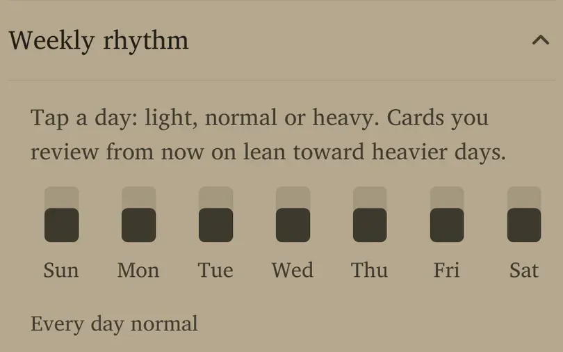 Weekly rhythm panel with light, normal and heavy day controls
