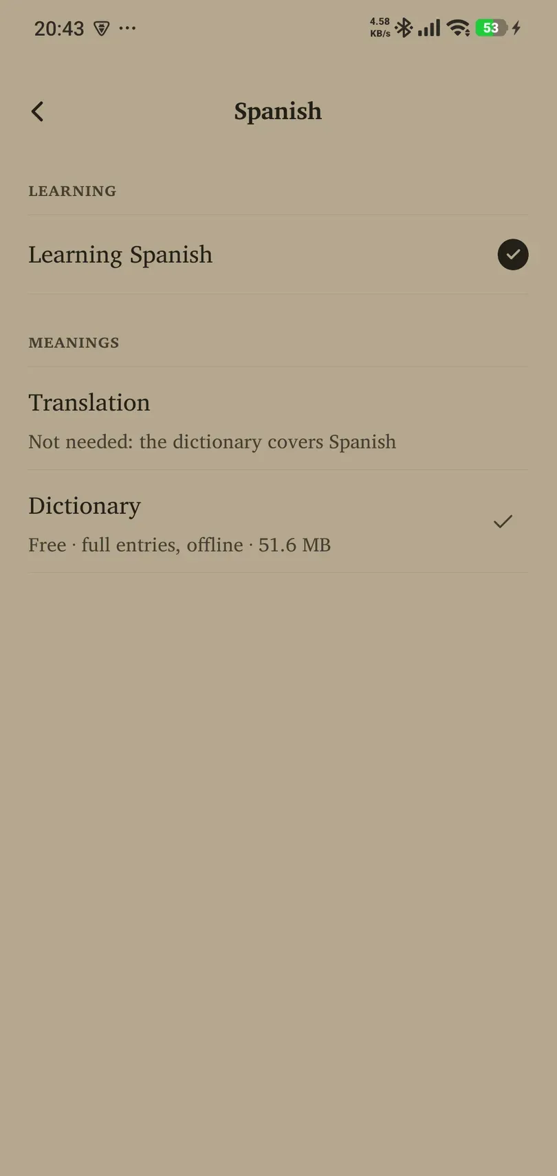 Language resource status showing Translation separately from Dictionary