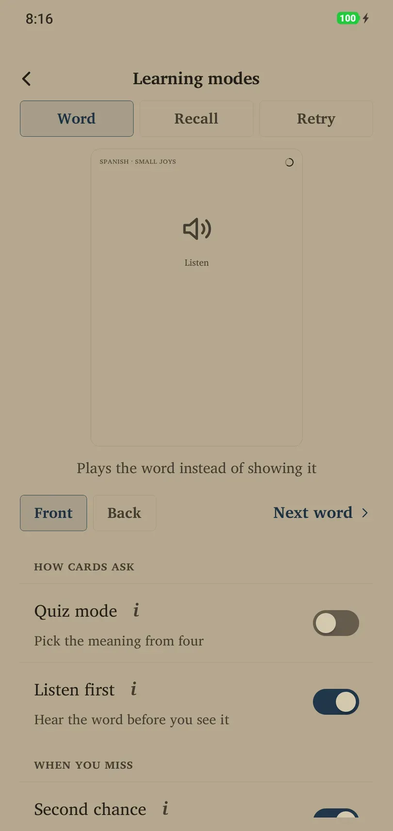 Listen first preview showing a speaker before revealing the Spanish word