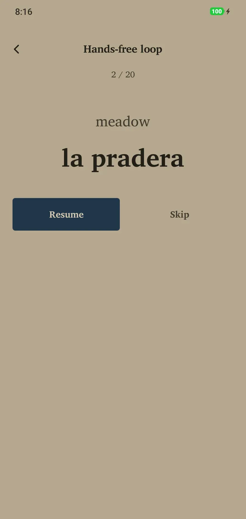 Hands-free loop showing controls for spoken Spanish vocabulary practice