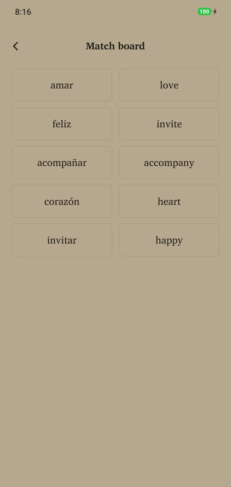 Match board with Spanish words and meanings arranged in two columns