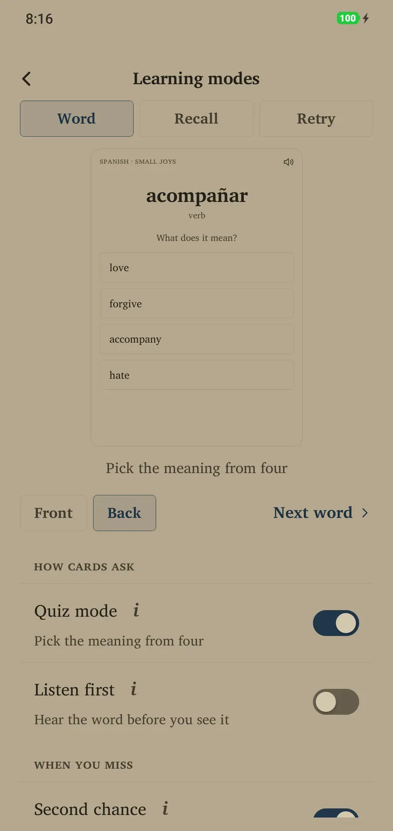 Quiz mode preview on the deck's Learning modes page