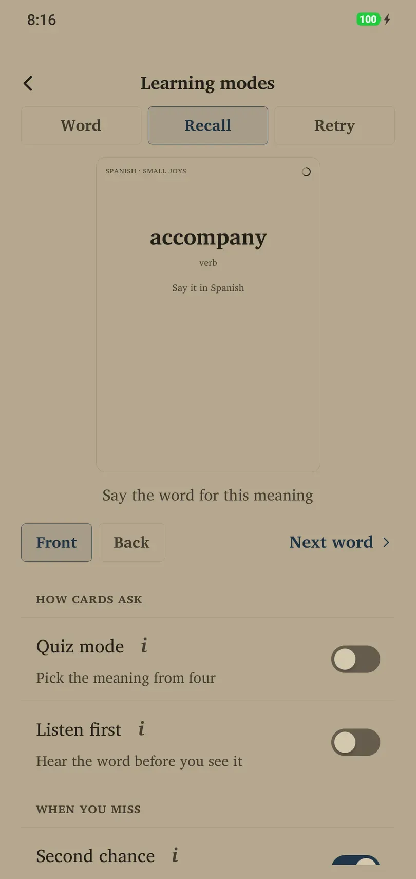 Recall it preview asking for the Spanish word from its meaning