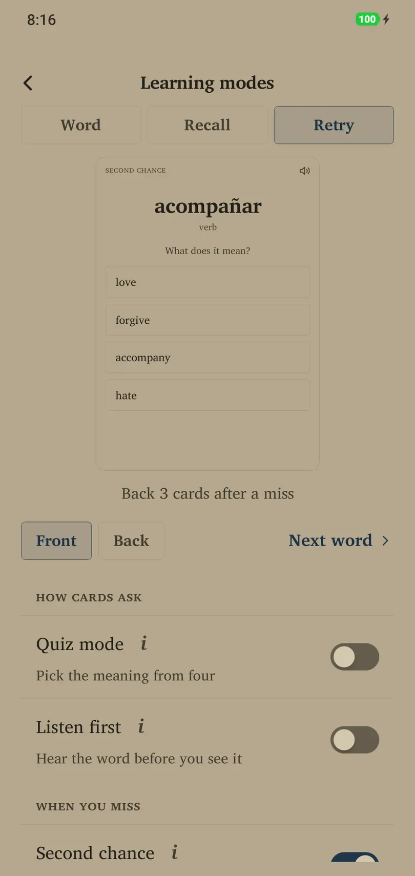 Second chance preview offering an ungraded retry of a missed word