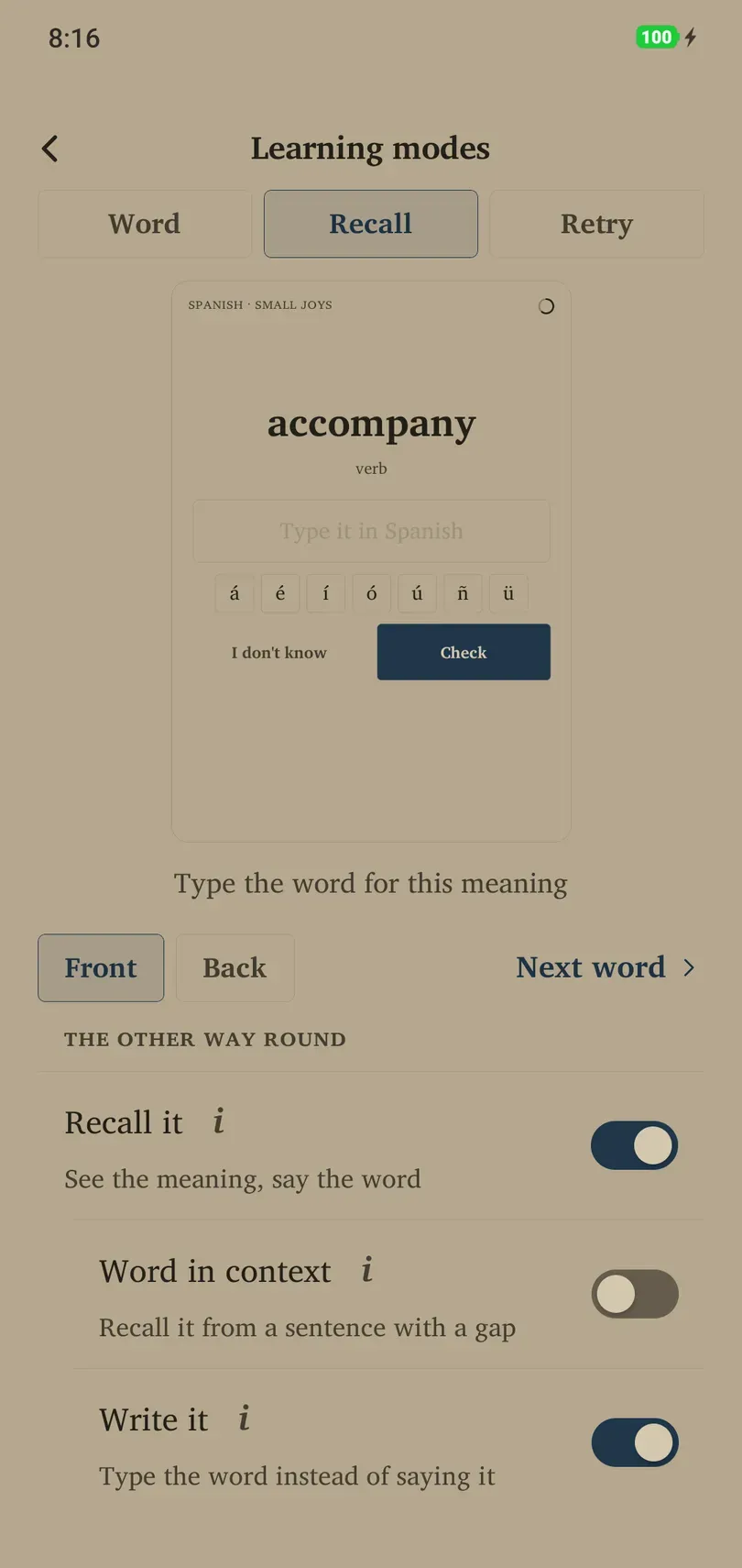Write it preview with a field for typing the recalled word